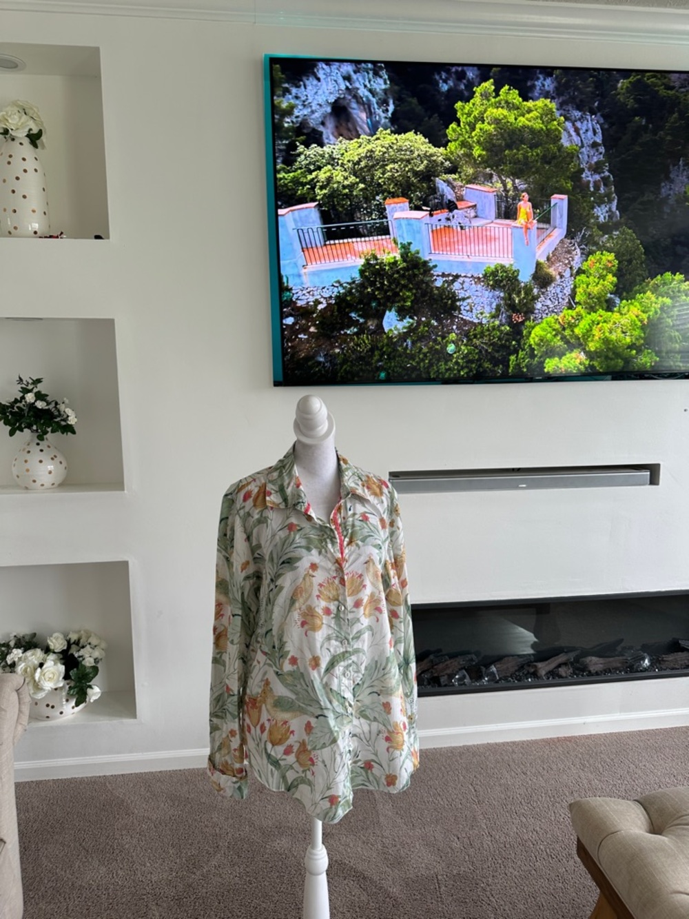 Cino Floral Button-Down Shirt - Cream Green Print